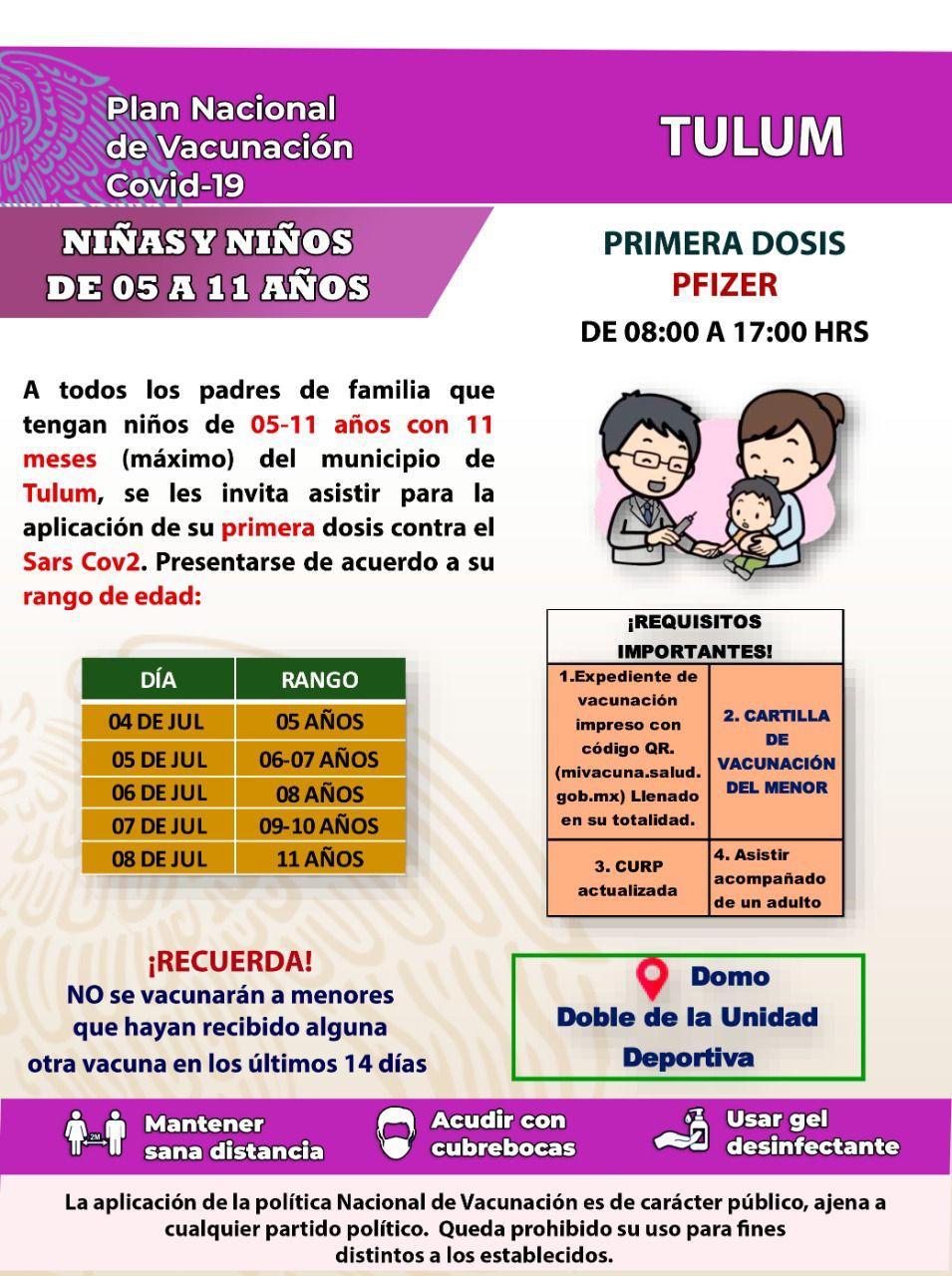 Arrancará el lunes vacunación anticovid para menores de 5 a 11 años en Tulum y Solidaridad